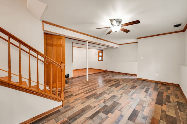 2946 W 102nd St, Evergreen Park, IL 60805 - below grade area featuring a ceiling fan, ornamental molding, stairs, and wood finished floors