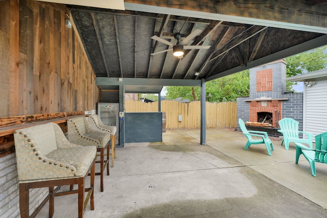2946 W 102nd St, Evergreen Park, IL 60805 - view of patio / terrace featuring an outdoor brick fireplace and a ceiling fan