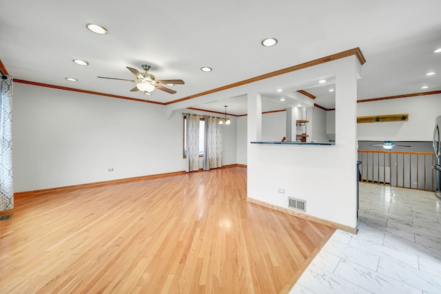 2946 W 102nd St, Evergreen Park, IL 60805 - unfurnished living room with a ceiling fan, recessed lighting, ornamental molding, and a chandelier