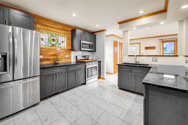 2946 W 102nd St, Evergreen Park, IL 60805 - kitchen featuring appliances with stainless steel finishes, dark stone counters, crown molding, light marble finish floors, and backsplash