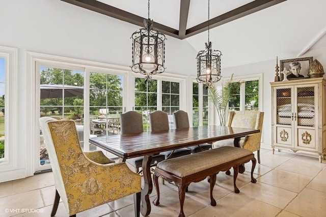 dining space featuring a chandelier, high vaulted ceiling, beam ceiling, and light tile patterned flooring