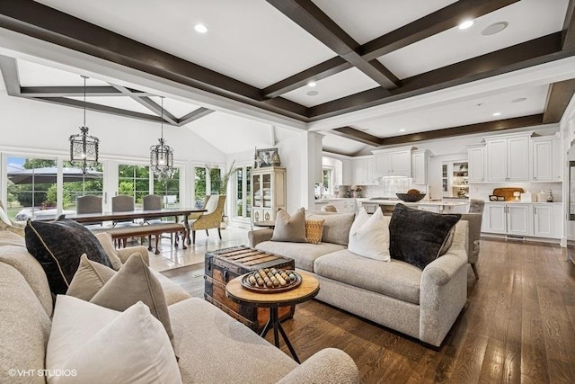 living room featuring dark wood-style floors and recessed lighting