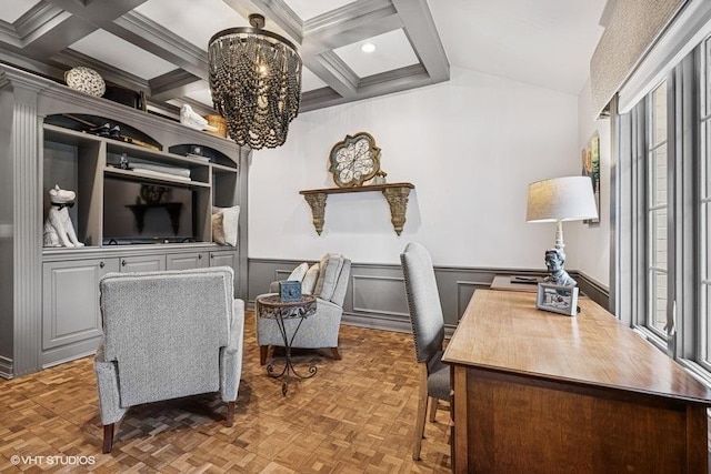 office featuring beamed ceiling, a chandelier, and wainscoting