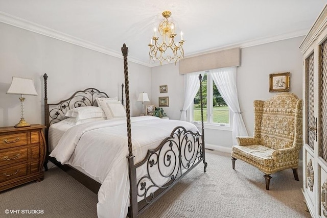 carpeted bedroom featuring a chandelier and crown molding