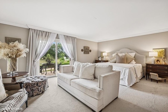 bedroom with light colored carpet, access to outside, and crown molding