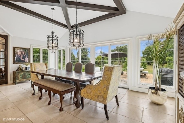 dining area featuring beam ceiling, a chandelier, high vaulted ceiling, and light tile patterned floors