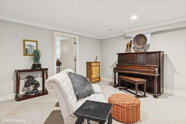 living area featuring carpet, ornamental molding, and recessed lighting
