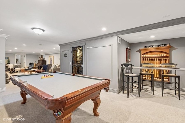 game room with light colored carpet, crown molding, recessed lighting, and billiards table