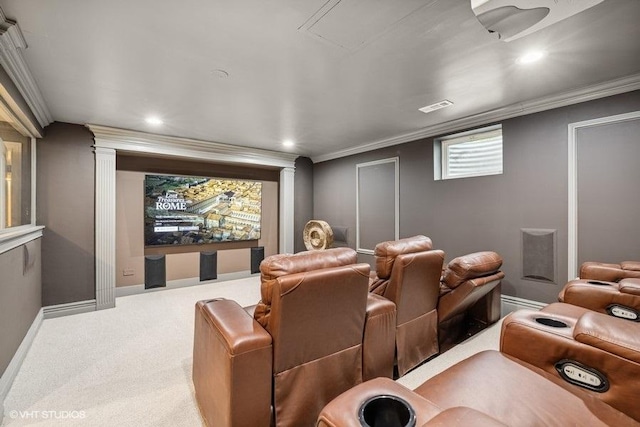 carpeted cinema featuring recessed lighting and ornamental molding