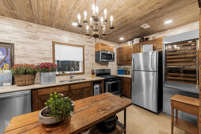 kitchen featuring stainless steel appliances, finished concrete floors, wooden ceiling, light countertops, and a chandelier