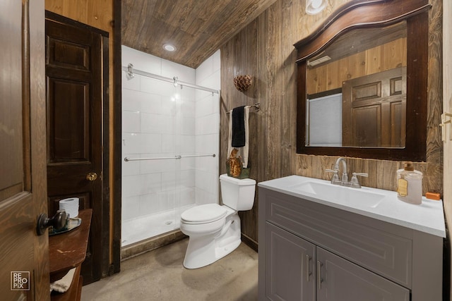 full bath featuring finished concrete flooring, a shower stall, vanity, wood ceiling, and wooden walls
