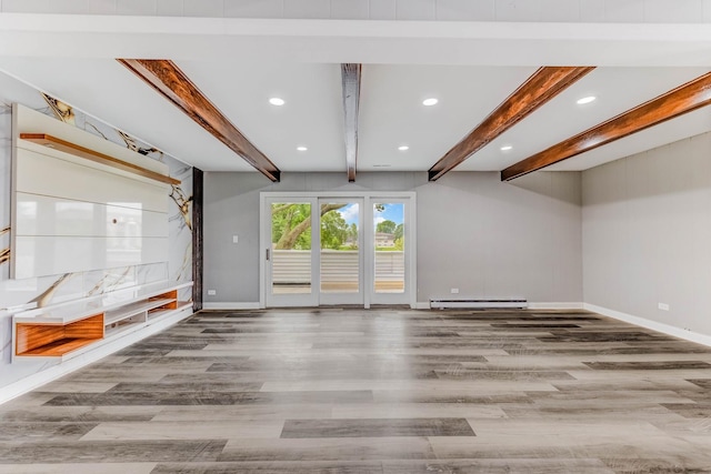 5721 Circle Dr Unit 202, Oak Lawn, IL 60453 - unfurnished living room featuring a baseboard radiator, beam ceiling, wood finished floors, and recessed lighting