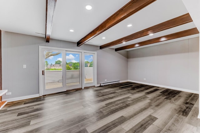 5721 Circle Dr Unit 202, Oak Lawn, IL 60453 - unfurnished living room with a baseboard heating unit, beam ceiling, wood finished floors, and recessed lighting