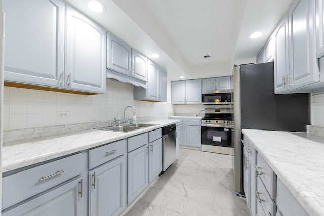 5721 Circle Dr Unit 202, Oak Lawn, IL 60453 - kitchen with stainless steel appliances, light marble finish flooring, decorative backsplash, recessed lighting, and gray cabinets