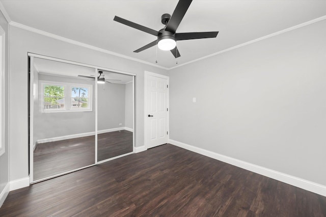 230 Mantua St, Park Forest, IL 60466 - unfurnished bedroom with wood finished floors, ornamental molding, a closet, and ceiling fan