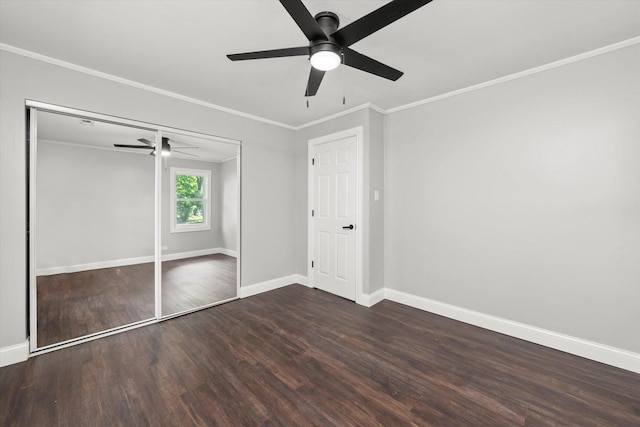 230 Mantua St, Park Forest, IL 60466 - unfurnished bedroom featuring wood finished floors, a closet, a ceiling fan, and ornamental molding