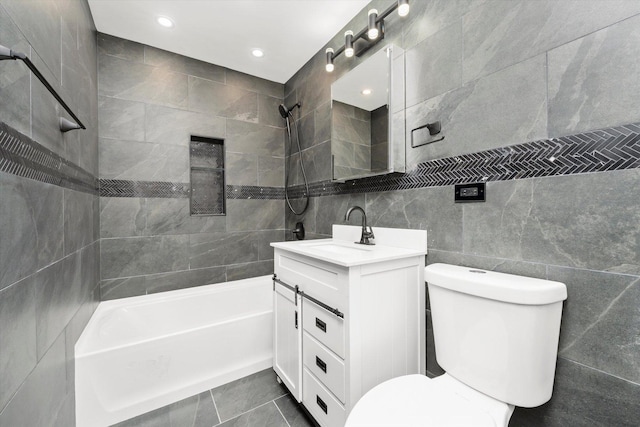 230 Mantua St, Park Forest, IL 60466 - bathroom featuring vanity, shower / bath combination, tile walls, and recessed lighting