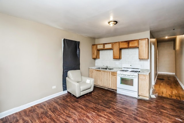 7523 S Kimbark Ave, Chicago, IL 60619 - kitchen with white range with gas stovetop, dark wood-style floors, and tasteful backsplash