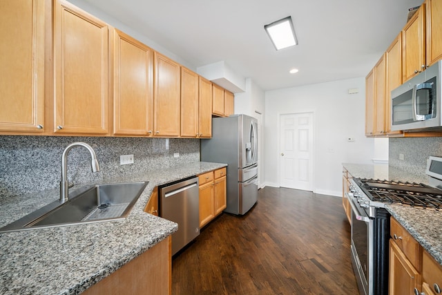 415 Bay Tree Cir, Vernon Hills, IL 60061 - kitchen with stainless steel appliances, dark wood-style flooring, backsplash, light stone counters, and recessed lighting