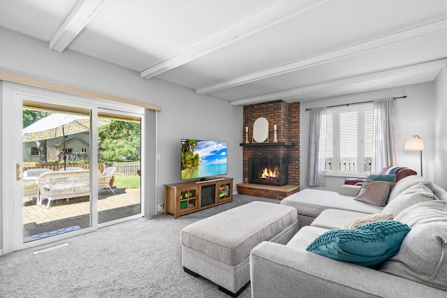 2 Cedar Gate Cir, Sugar Grove, IL 60554 - living room with beamed ceiling, carpet, and a fireplace