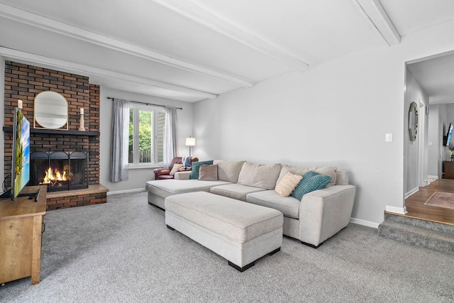 2 Cedar Gate Cir, Sugar Grove, IL 60554 - living room featuring carpet, beam ceiling, and a fireplace