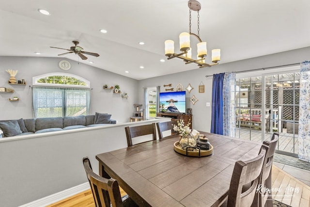 601 E Washington St, Ashkum, IL 60911 - dining room with light wood-style floors, lofted ceiling, a chandelier, ceiling fan, and recessed lighting