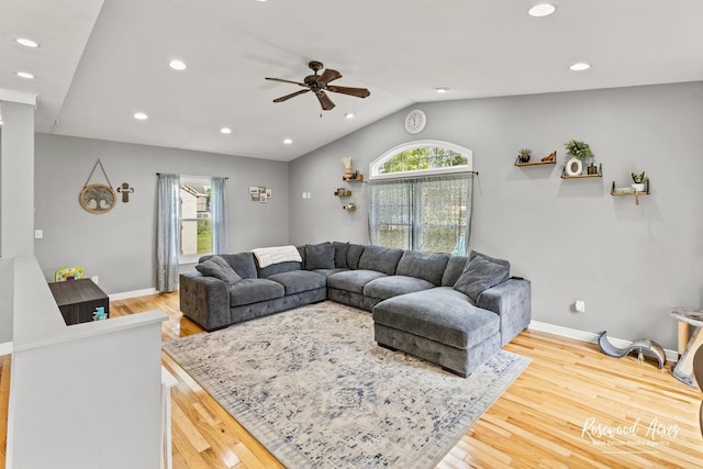 601 E Washington St, Ashkum, IL 60911 - living room featuring a ceiling fan, wood finished floors, lofted ceiling, and recessed lighting