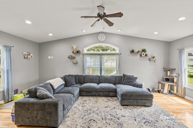 601 E Washington St, Ashkum, IL 60911 - living area with wood finished floors, recessed lighting, ceiling fan, and vaulted ceiling