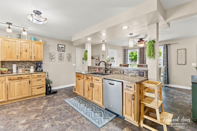 601 E Washington St, Ashkum, IL 60911 - kitchen featuring dishwasher, light brown cabinetry, decorative backsplash, recessed lighting, and a textured ceiling