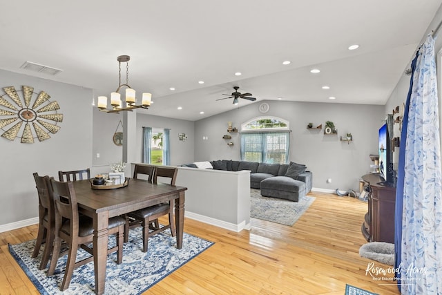 601 E Washington St, Ashkum, IL 60911 - dining room featuring light wood-style flooring, lofted ceiling, recessed lighting, a ceiling fan, and a chandelier