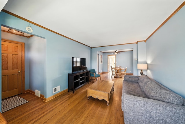 10105 S California Ave, Chicago, IL 60655 - living room featuring ornamental molding, wood finished floors, and ceiling fan