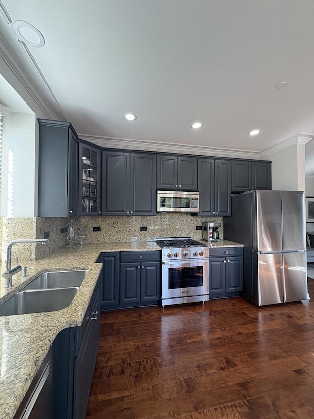 17 Harborside Way, Hawthorn Woods, IL 60047 - kitchen with appliances with stainless steel finishes, crown molding, light stone countertops, glass insert cabinets, and decorative backsplash