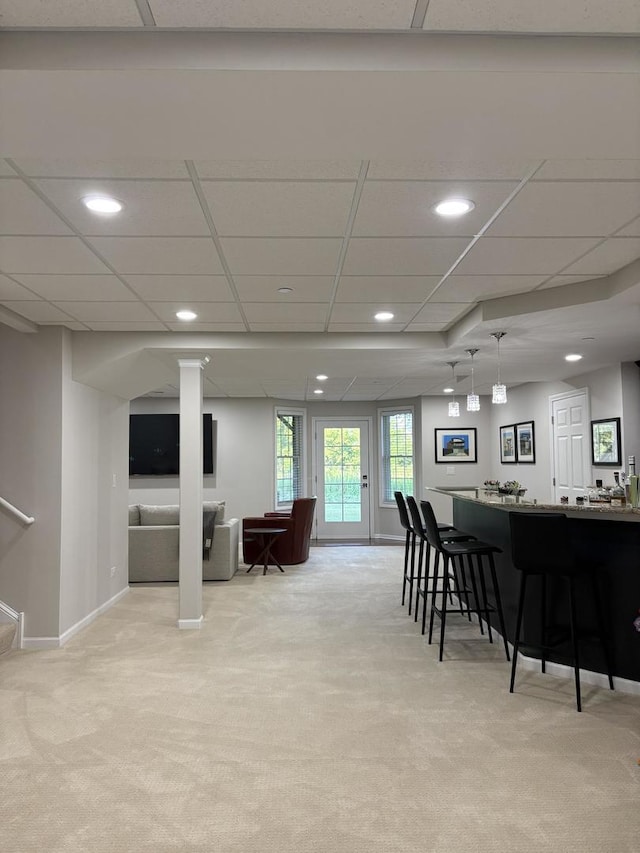 17 Harborside Way, Hawthorn Woods, IL 60047 - dining area with light colored carpet, recessed lighting, a drop ceiling, and bar