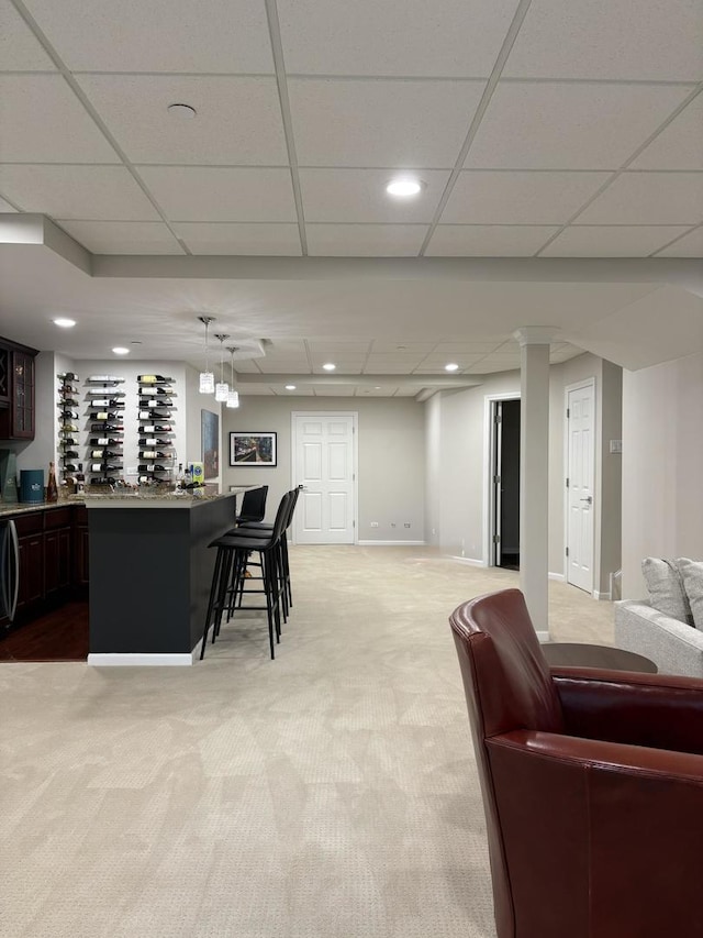 17 Harborside Way, Hawthorn Woods, IL 60047 - living room featuring a bar, light carpet, a paneled ceiling, and recessed lighting