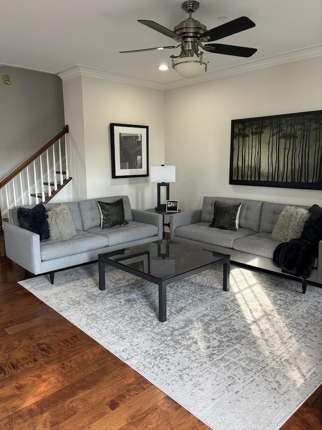 17 Harborside Way, Hawthorn Woods, IL 60047 - living room featuring crown molding, a ceiling fan, wood finished floors, stairs, and recessed lighting