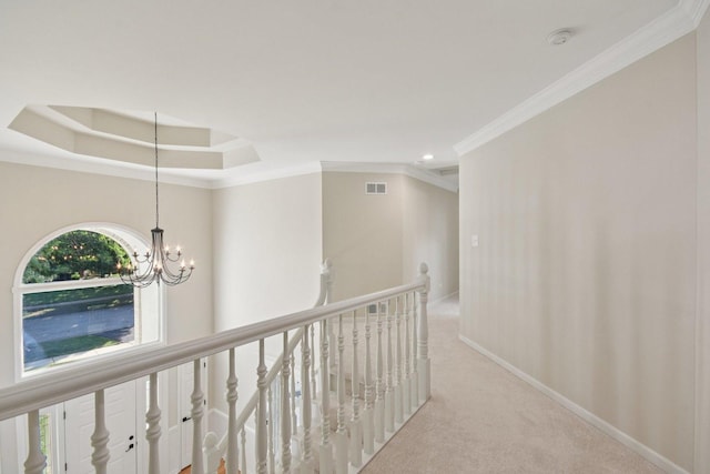 1123 Thackery Ln, Naperville, IL 60564 - hall with crown molding, carpet, a chandelier, an upstairs landing, and recessed lighting