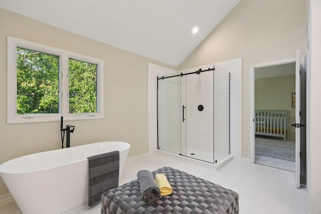 1123 Thackery Ln, Naperville, IL 60564 - bathroom featuring a soaking tub, a stall shower, vaulted ceiling, and recessed lighting