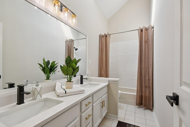1123 Thackery Ln, Naperville, IL 60564 - full bathroom featuring double vanity, shower / bath combination with curtain, tile patterned flooring, and vaulted ceiling