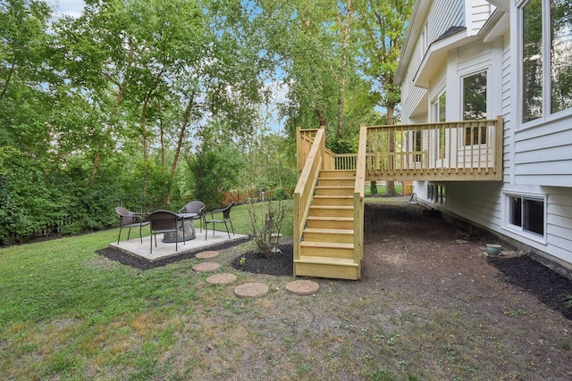 1123 Thackery Ln, Naperville, IL 60564 - view of grassy yard featuring stairs, a fire pit, a deck, and a patio area