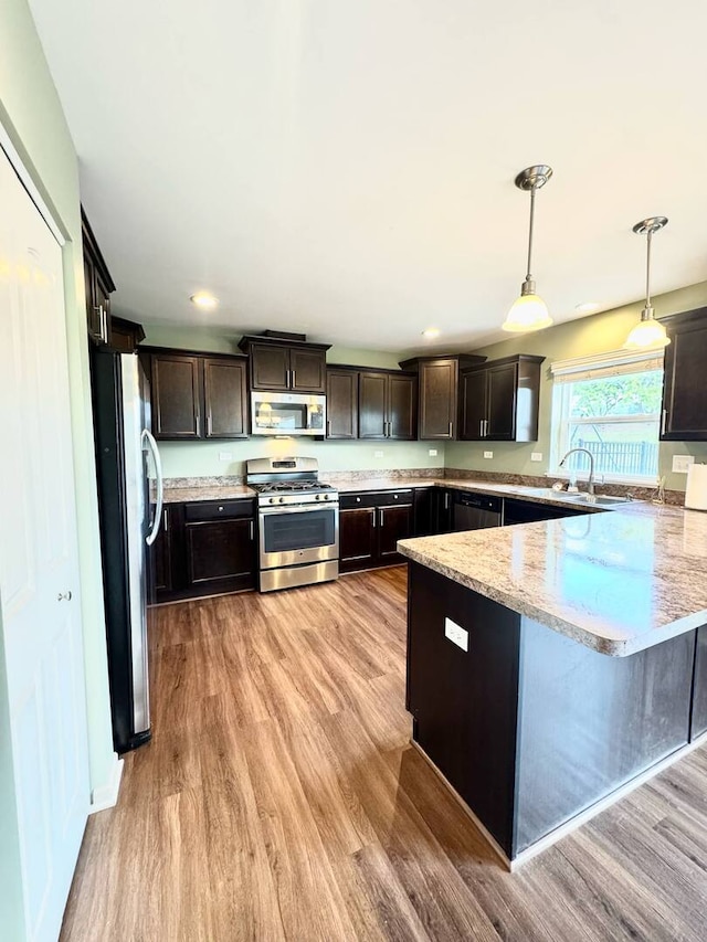 5 Boathouse Rd, Pingree Grove, IL 60140 - kitchen with stainless steel appliances, light wood finished floors, dark brown cabinetry, light stone counters, and recessed lighting