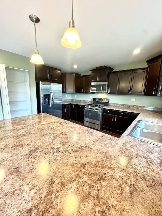 5 Boathouse Rd, Pingree Grove, IL 60140 - kitchen with stainless steel appliances, dark brown cabinetry, light stone counters, and recessed lighting