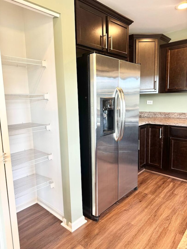 5 Boathouse Rd, Pingree Grove, IL 60140 - kitchen with stainless steel fridge with ice dispenser, light wood finished floors, dark brown cabinetry, and open shelves