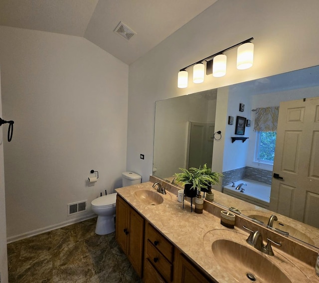 20517 Superior Ct, Crest Hill, IL 60403 - full bath with double vanity, a garden tub, lofted ceiling, and a shower with shower door