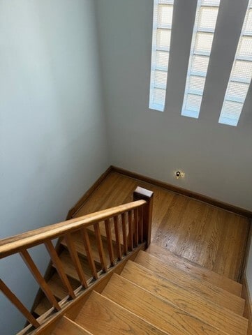 3608 Jackson St Unit 2E, Bellwood, IL 60104 - staircase featuring baseboards and wood finished floors
