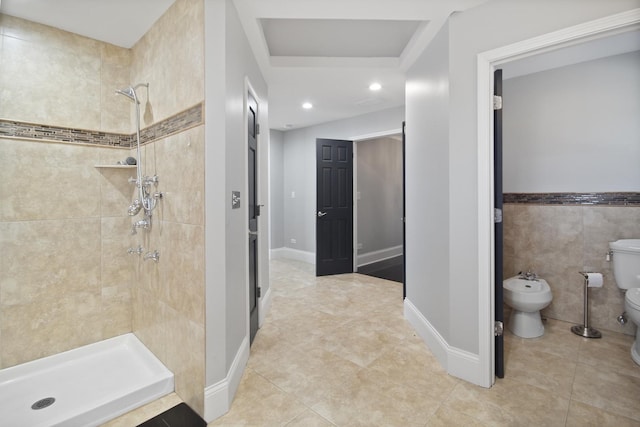 8040 W Balmoral Ave, Norwood Park Township, IL 60631 - bathroom featuring a bidet, a stall shower, tile patterned floors, and recessed lighting