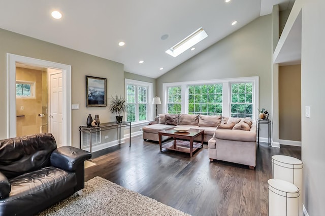 1194 Oxford Ct, Highland Park, IL 60035 - living area featuring a skylight, dark wood-style floors, recessed lighting, and high vaulted ceiling