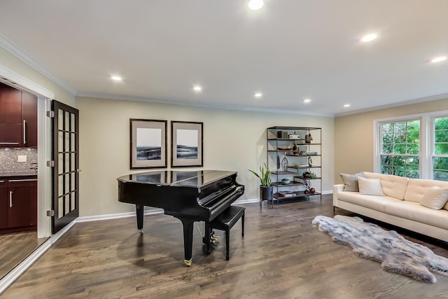 1194 Oxford Ct, Highland Park, IL 60035 - living area with dark wood-style flooring, ornamental molding, and recessed lighting