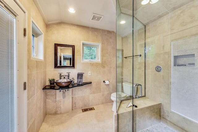 1194 Oxford Ct, Highland Park, IL 60035 - full bathroom with a stall shower, a heating unit, tile walls, and recessed lighting