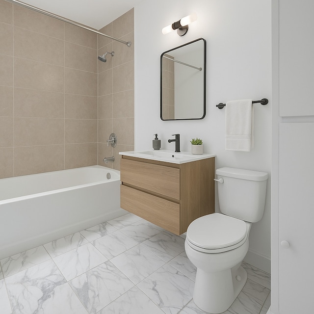 bathroom featuring marble look tile flooring, vanity, and bathing tub / shower combination