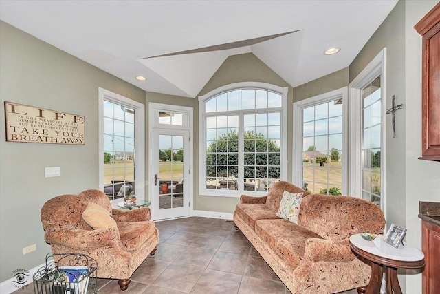 24155 S Blackhawk Ln, Manhattan, IL 60442 - sunroom featuring healthy amount of natural light, tile patterned floors, vaulted ceiling, and recessed lighting
